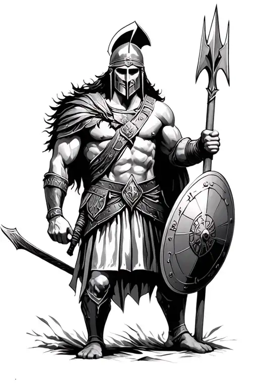 Spartan Worrier Without Helmet And Holding Sheald And Spear And Showing Conquring The World