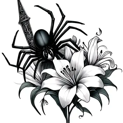 Dagger Tattoo With Spider Lilies And A Black Widow With Gemini