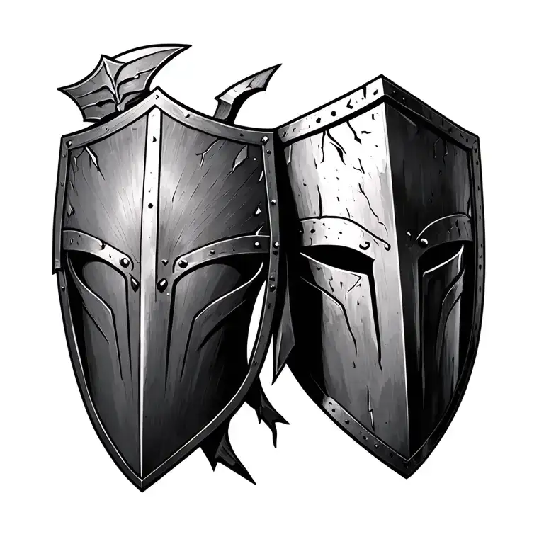 Damaged Spartan Helmet With Shield And Spear