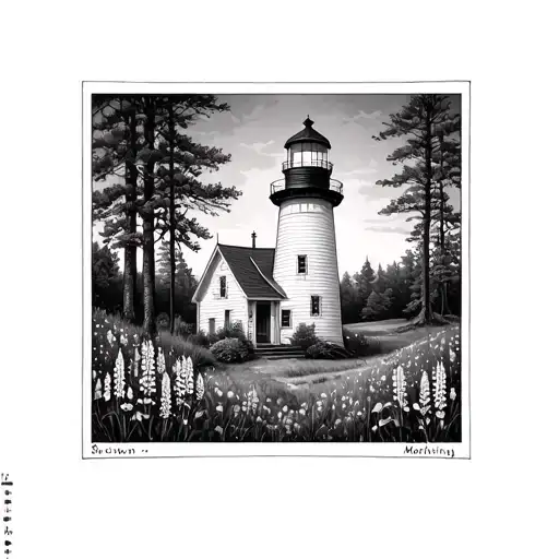 Poloriod Pic Of Nuble Light House With Dog Woods And Lupines And Morning Glorys Around It