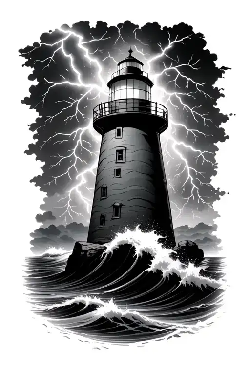 Traditionnel Lighthouse Shining In Thunder Storm Lightning And Big Waves And Rocks