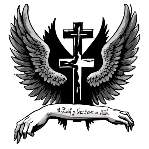 Cross On Upper Arm With Wings Coming Out And Around The Inner Arm With A Date In Between Them