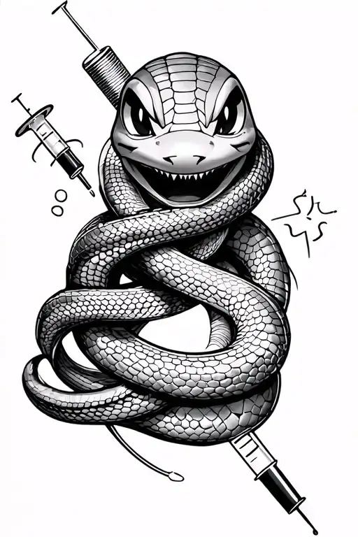 Cobra Wrapped Around A Medical Syringe And Squirrle From The Squirtle Squad From Pokemon