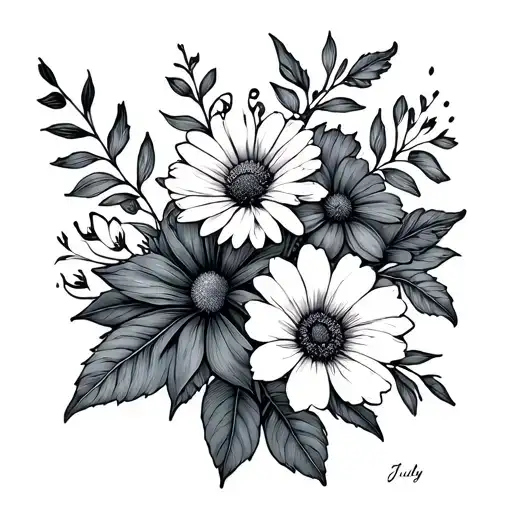 July Birth Flower Bouquet Fine Line