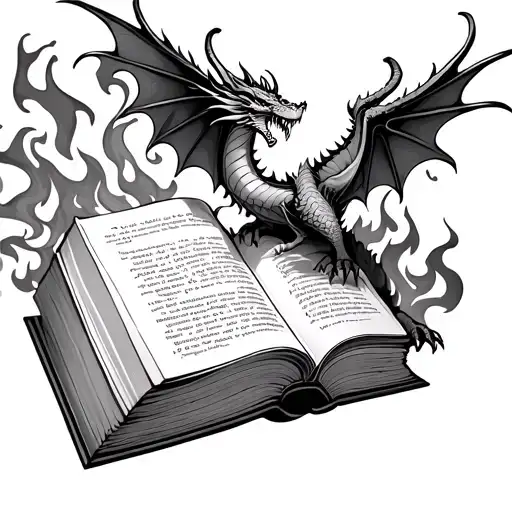 Book Open And Dragon Flying Out Partial Wings Made Of Flames