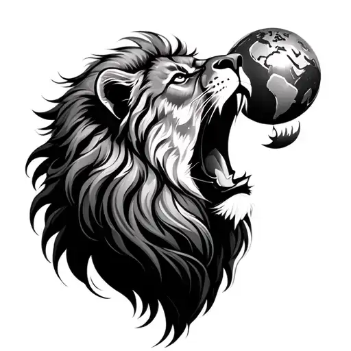 A Realistic Black And Grey Tattoo Of A Lion Roaring With A Globe In Its Mane