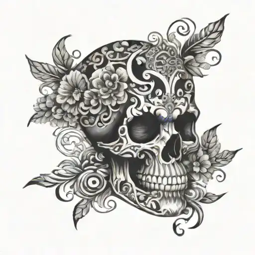 A Skull Made Of Intricate Floral Patterns And Music Symbols