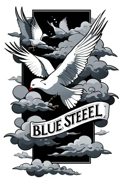 The Words Bluesteel With Doves And Clouds As A Background
