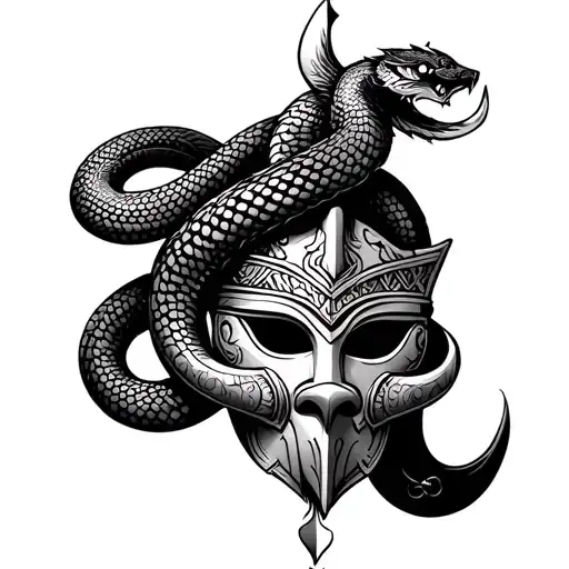 A Norse Mythology Inspired Tattoo Of A Serpent Wrapped Around A Viking Mask