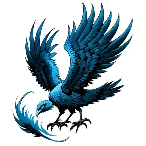 Side View Rising Phoenix In Shades Of Blue With Large Wings And Tail Feathers