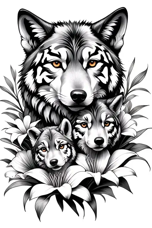 A Mom And Baby Wolf Head Surrounded By Tiger Lilies Nordic-style