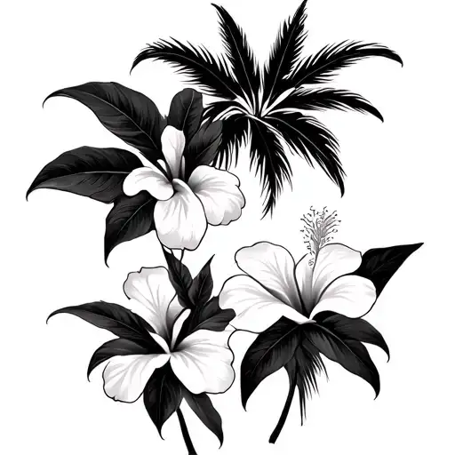 Palm Branches And Hibiscus Flowers And Large Black Leaves