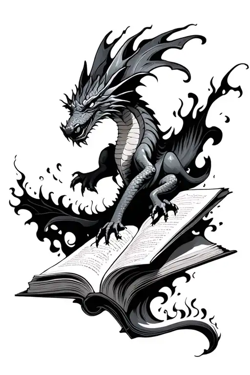 Open Book Dragon Flying Out From Swirling Flames