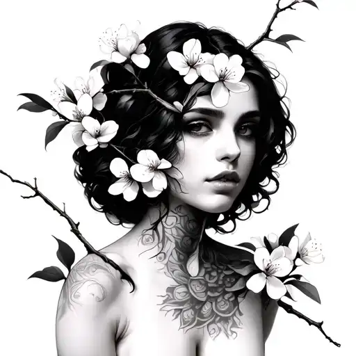 Naked Woman With Cherry Blossoms That Cover These Intimate Parts And These Breasts