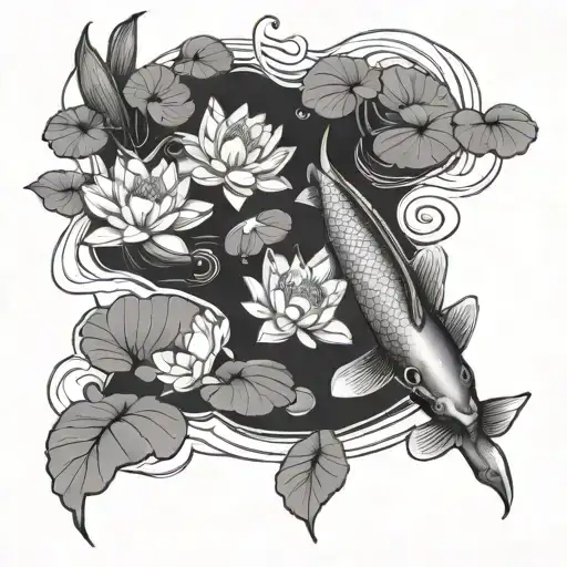 Koi Fish Pond With Lotus And Lilly Pads