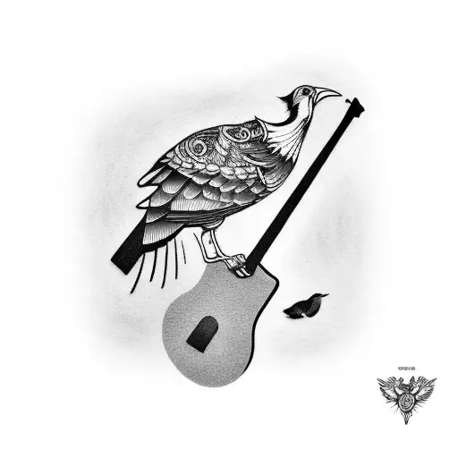 Completed Guitar Tattoo With Bird On Arm