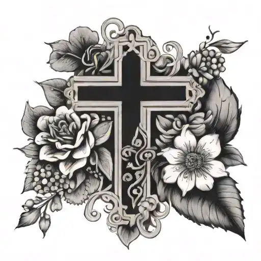 Black Cross Tattoo With Fruit And Flowers