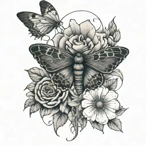 Different Flowers With A Moth Perched Regally On The Sturdy