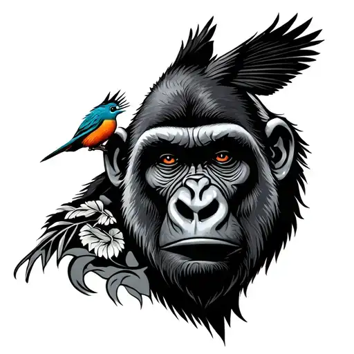 Gorilla With Quetzal Bird On Shoulder