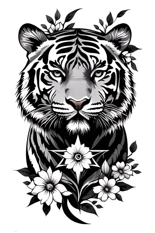 Tiger With Flowers And Wind Rose Stencil