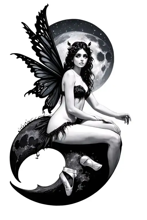 A Black Fairy Sitting On The Moon With Pointe Shoes On