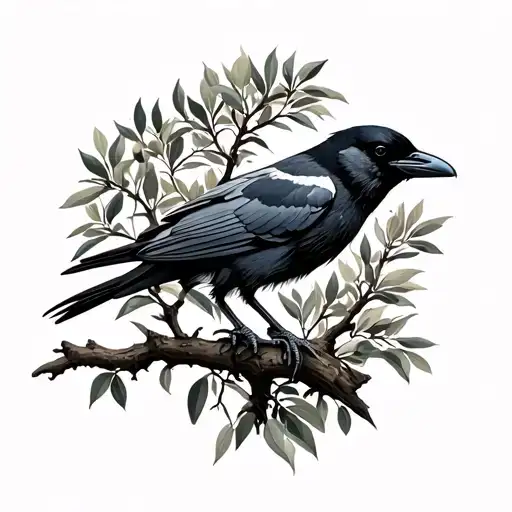 Olive Tree And Raven Perched