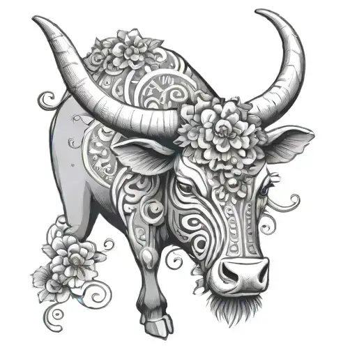 A Black And Grey Illustration Of A Majestic Ox Adorned With Floral Patterns