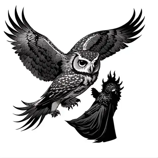 Owl Surrounding A Dark Figure Transforming The Figure To Light