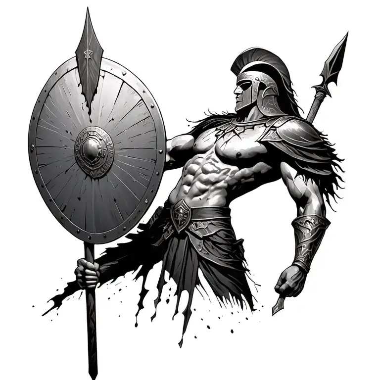 Damaged Spartan Warrior Holding Shield And Spear Torso And Above
