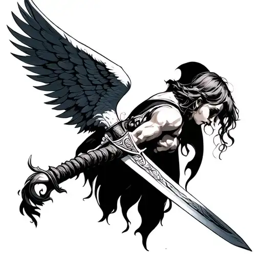 One Winged Angel With His Head Low With A Sword In His Handa