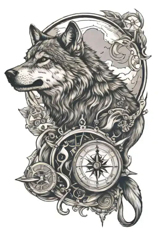 A Wolf Howling At The Moon With A Compass And Musical Instruments Scattered Around It