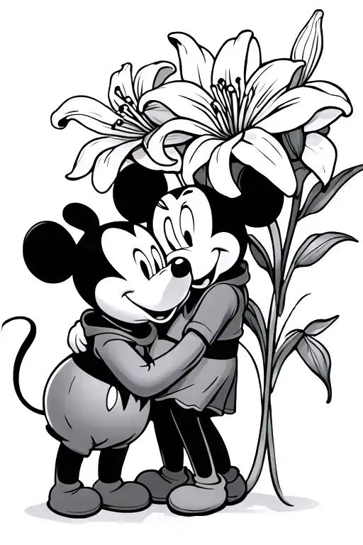 Winne The Pooh And Minnie Mouse Hugging A Lily Flower And The Stem Is A Cross