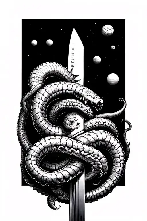 Giant Worms Wrapped Around A Bone Knife With 4 Planets Above