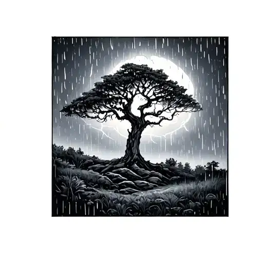 Tree With Lighting And Rain