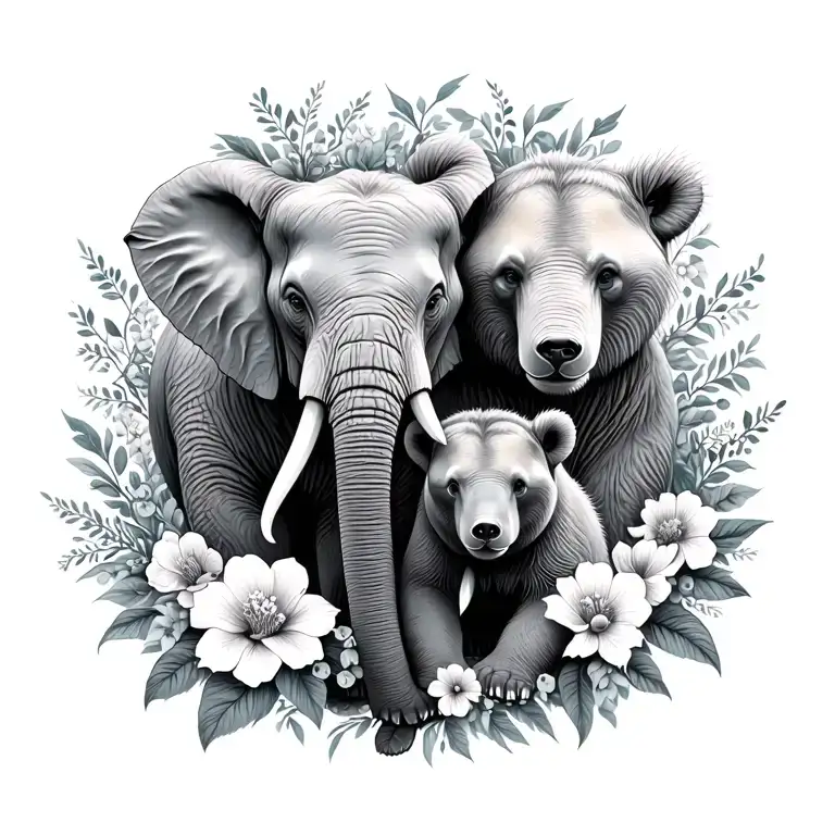 Elephant And Bear Together With Flowers Surrounding