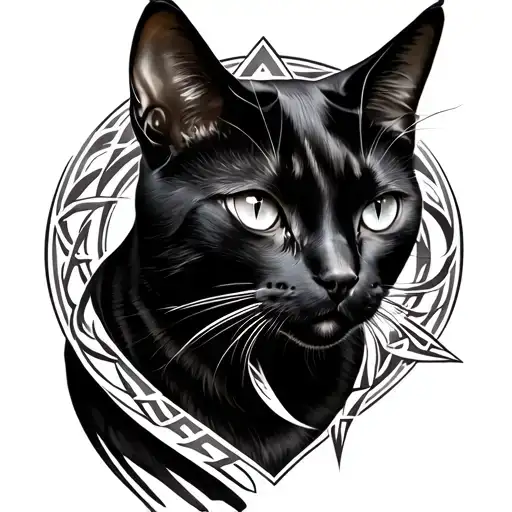Create A Tattoo Design Featuring A Sleek Black Cat Intertwined With Nordic Symbols