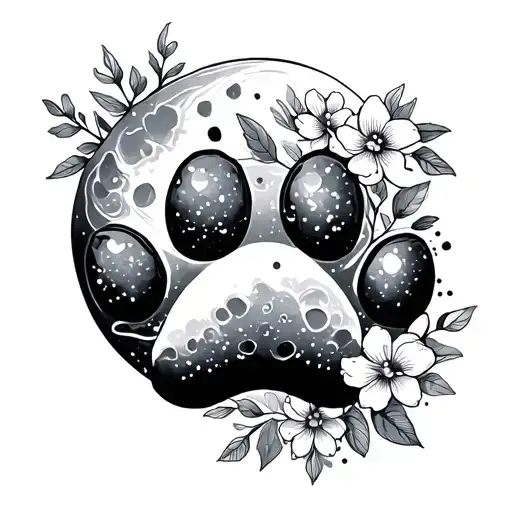 Paw Print With Moon And Flowers