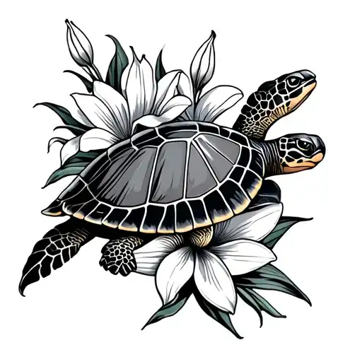 Men's Forearm Tattoo With Turtle And Lilies Shaded