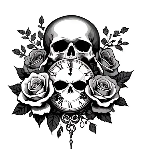 Skulls Roses And Clock