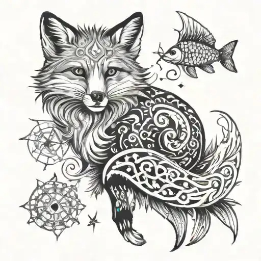 An Intricate Design Of A Fox And Fish Surrounded By Astrological Symbols