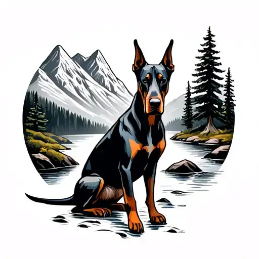 Mountains And Stream With Pine Tree And Doberman Sitting