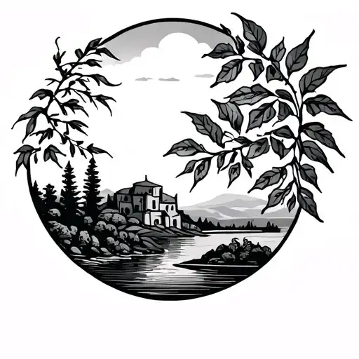 Greece Landscape Fineline Tattoo With Leafs Wipped Willow