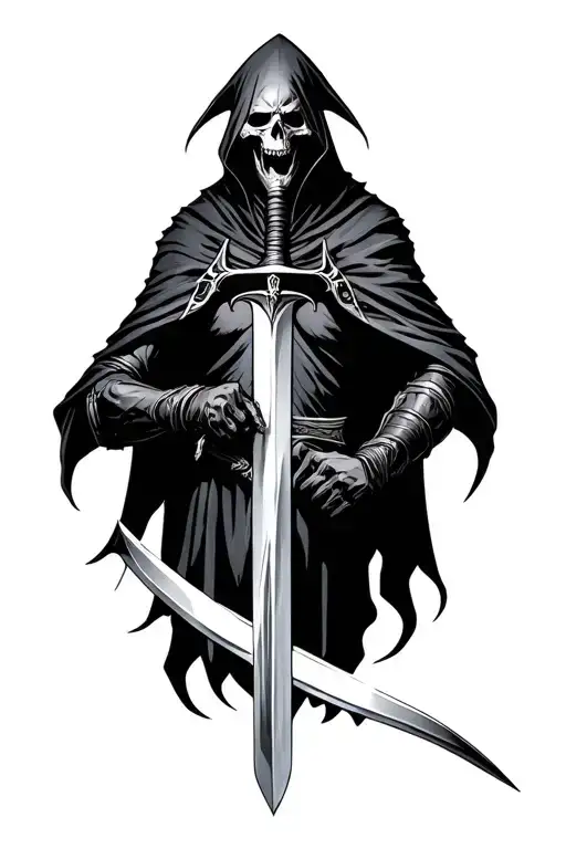 Cloaked Nazgul Half Skull Holds Sword Downward With Gauntlets