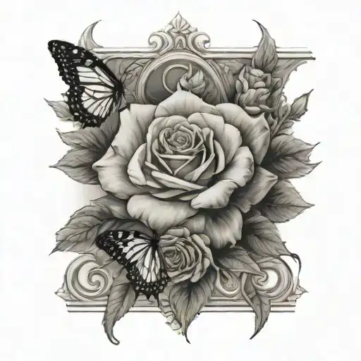 Rose And Butterfly Down Spine Tattoo With Flowers