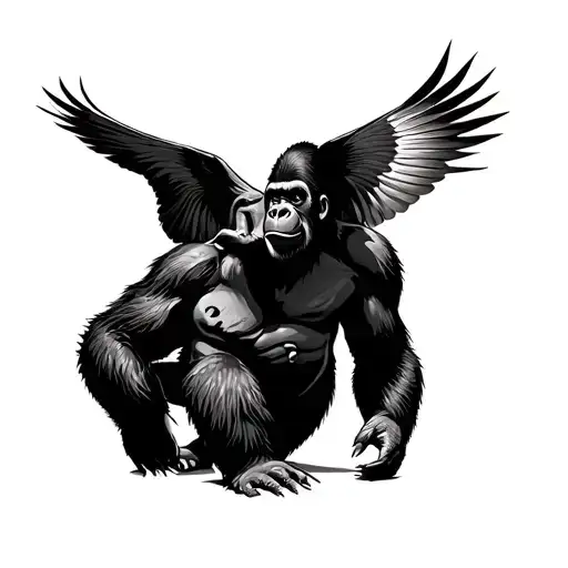Gorilla With Quetzal Bird Flying In The Sky