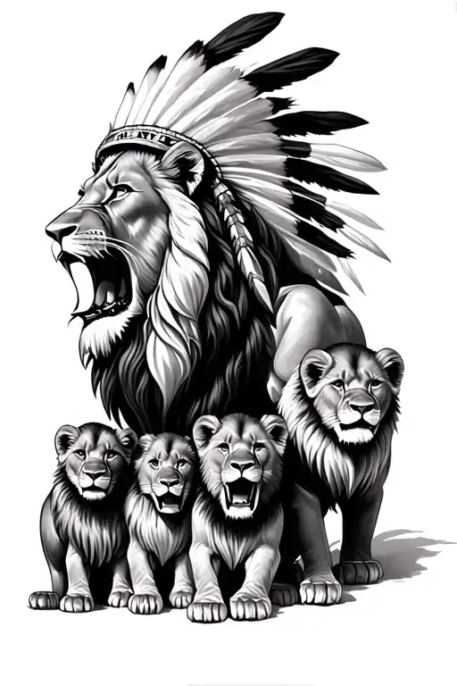 Indian Chief Lion And Four Baby Lion Roaring