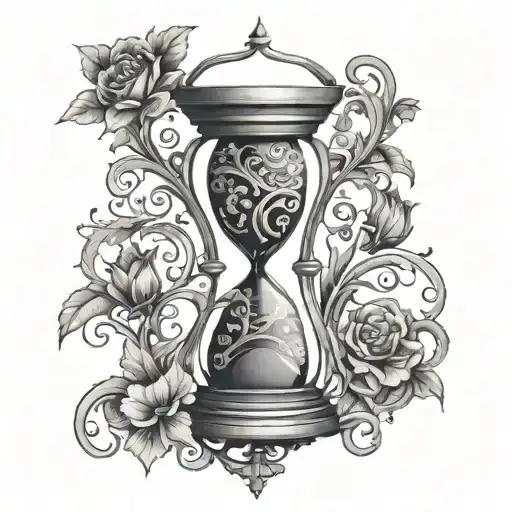 Hourglass Surrounded By Intricate Black-grey Floral Patterns Symbolizing The Passage Of Time