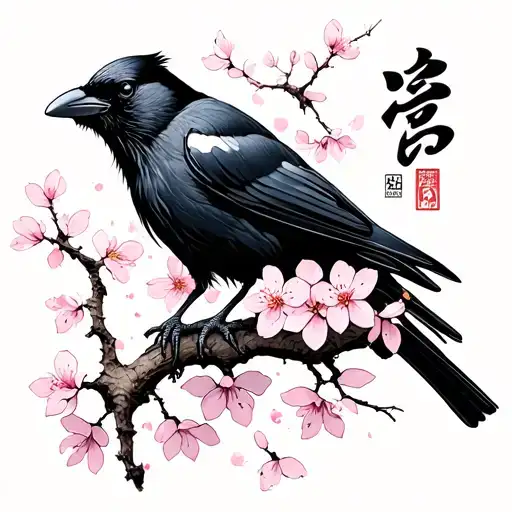 Adult Crow And Adolescent Crow Japanese Cherry Blossom And Japanese Character For Family