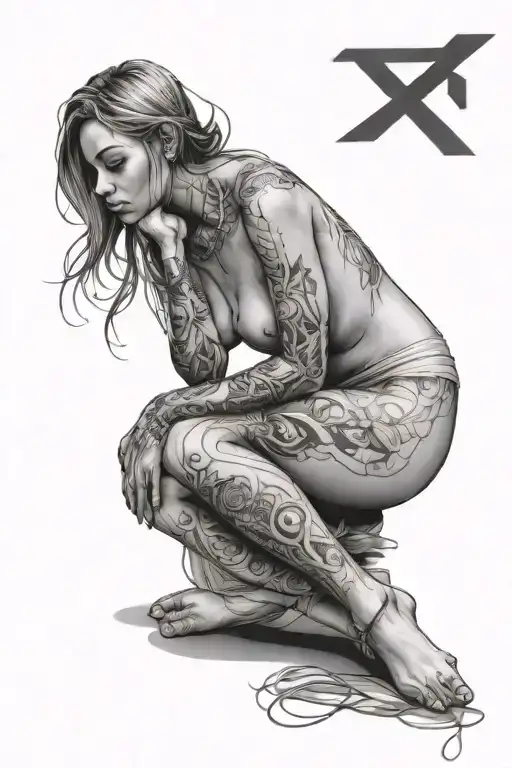 Nude Woman Sitting Cross Legged Wrapped In Line Work