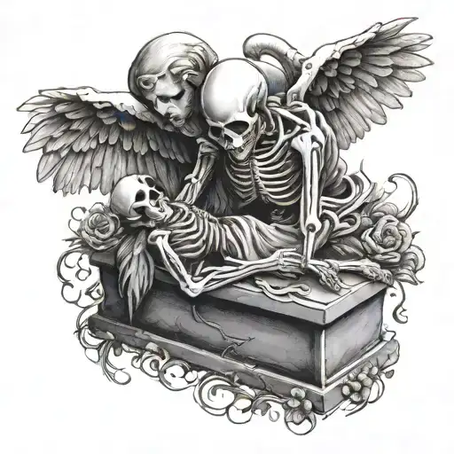 Skeleton Hugging A Grave Stone Angel Laying